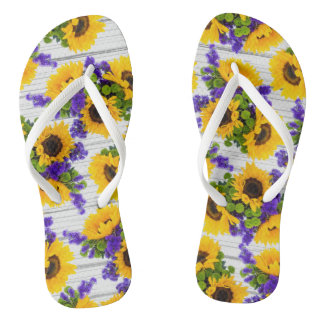 Tongs Tournesol jaune violet en bois blanc rustique