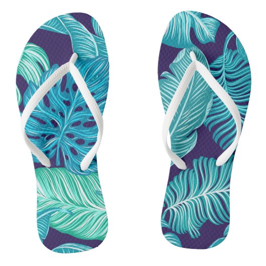 Tongs Tropical Green Blue Leaves Pattern (Semelle)