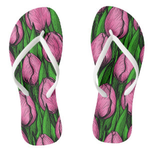 Tongs Tulières roses avec feuilles verts