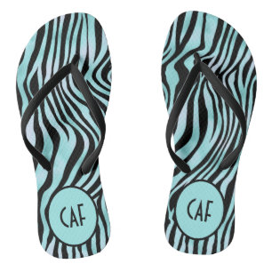 Tongs Turquoise Aqua Noir Imprimé Zèbre Monogramme