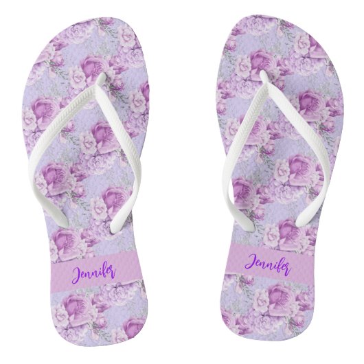 Tongs Violet fleurs roses rose nom script (Semelle)