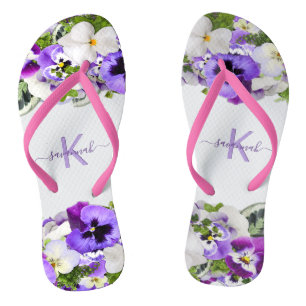 Tongs Violet violet floraux blanc monogramme nom script