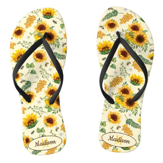 Tongs Yellow Painted Sunflower Bees Motif Monogramme (Semelle)