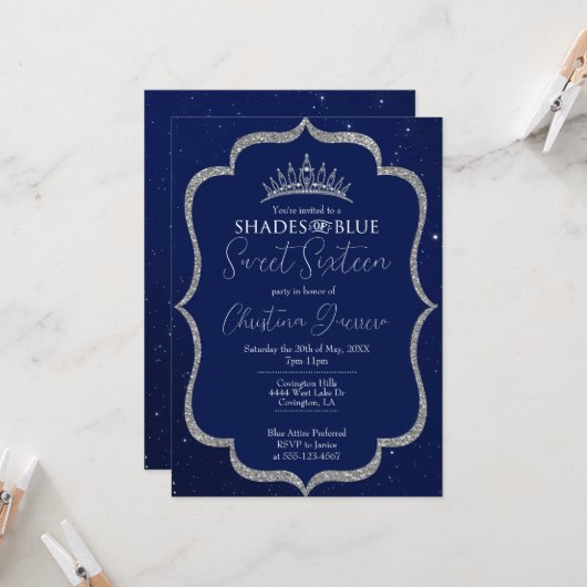 Tons de bleu doux 16 Invitation d'anniversaire (Devant/Arrière en situation)