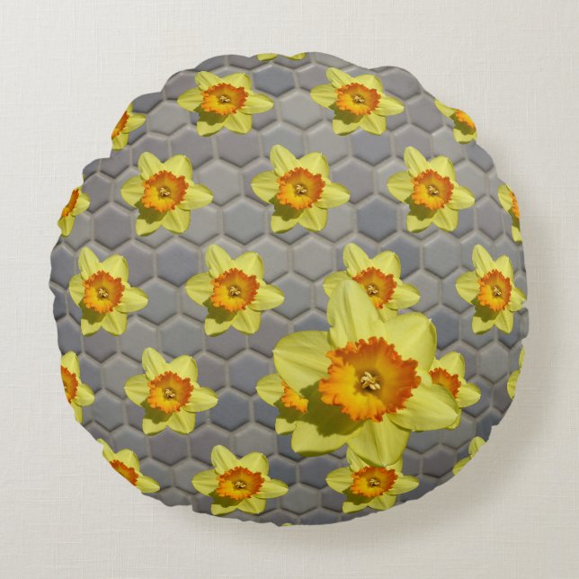 Tons de Motif bleu Daffodiles Coussin rond (Devant)