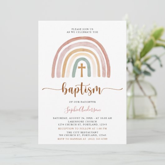 Tons Mués Boho Rainbow Baptism Invitation (Debout devant)