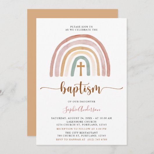 Tons Mués Boho Rainbow Baptism Invitation (Devant / Derrière)