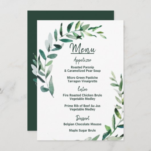 Tons verts - Carte de menu Mariage (Devant / Derrière)