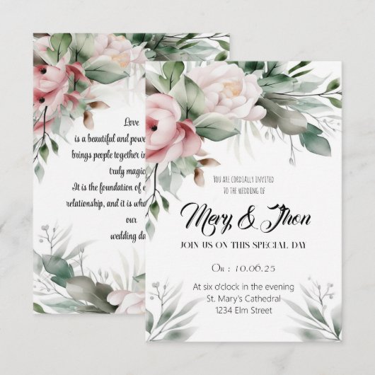 Tons verts Faire-part de mariage floraux (Devant / Derrière)