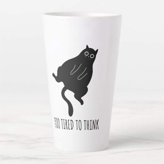 Too Tired to Think - Funny Exhausted Black Cat Latte Mok (Voorkant)