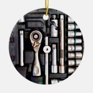 Toolbox Zilveren Socket Handyman Industriële Print Keramisch Ornament