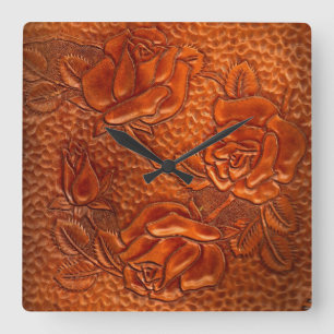 Tooled Western Leather Roses Clock Vierkante Klok