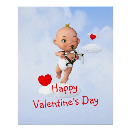 Toon Baby Cupid Vliegen met een Boog en Pijl Perfect Poster (Voorkant)