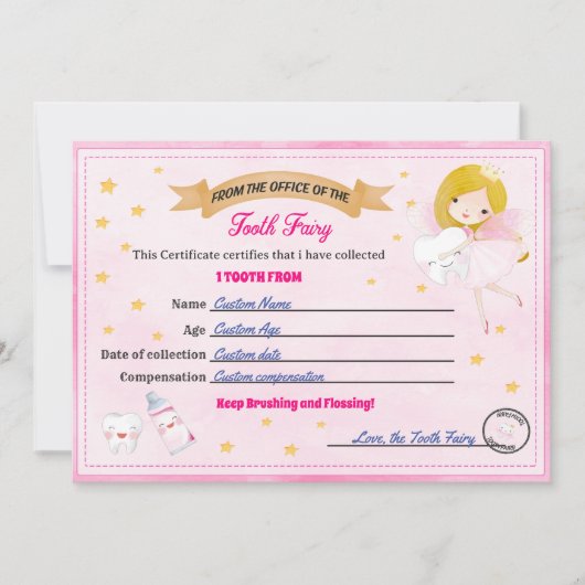 Tooth Fairy Certificate - Lost Tooth Receipt Kaart (Voorkant)