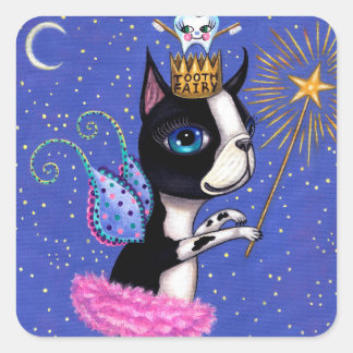 Tooth Fairy Dog Boston Terrier Pink Tutu Crown Vierkante Sticker