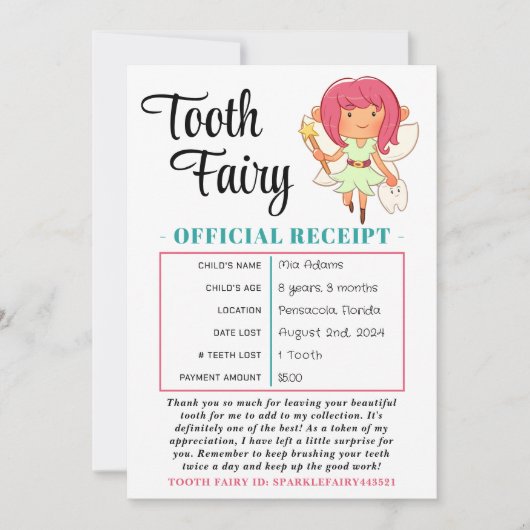 Tooth Fairy Receipt Tooth Loth Certificate Kaart (Voorkant)