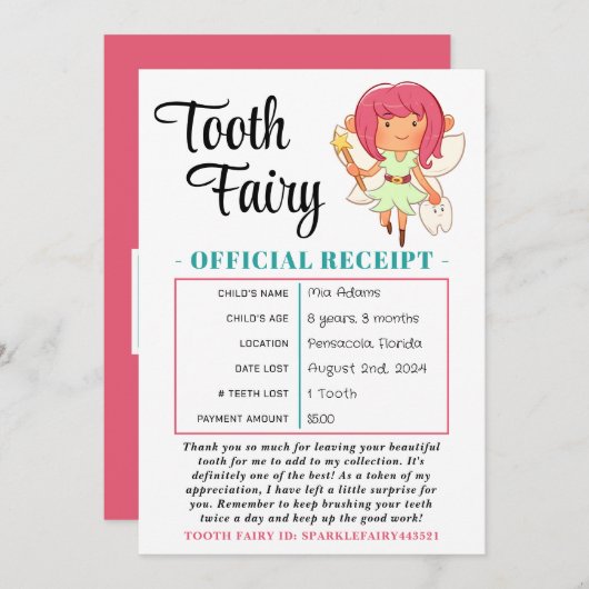 Tooth Fairy Receipt Tooth Loth Certificate Kaart (Voorkant / Achterkant)