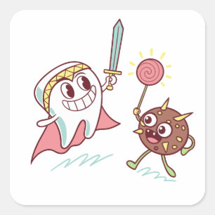 Tooth Hero vs Bacteria Monster Fun Dental Cartoon Vierkante Sticker