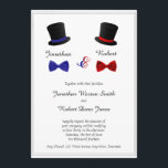 Top Chapeaux et Bow Cravates Gay Faire-part de mar<br><div class="desc">Ce design amusant s'appelle Top Hats et Bow Cravate Gay Mariage. L'arrière - plan est un blanc éclatant avec une fine bordure noire. Au sommet se trouve un chapeau de dessus noir et rouge avec une cravate arc rouge et un chapeau de dessus noir et bleu avec une cravate arc...</div>