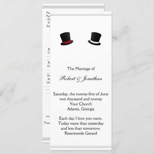 Top Chapeaux et Bow Cravates Gay Wedding Programme (Devant / Derrière)