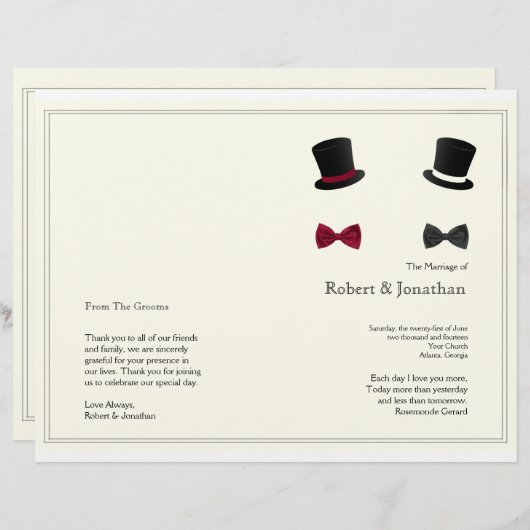 Top Chapeaux et Bow Cravates programme de mariage (Devant / Derrière)