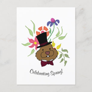 Top Hat Bow Stropdas Spring Flowers Groundhog Feestdagenkaart