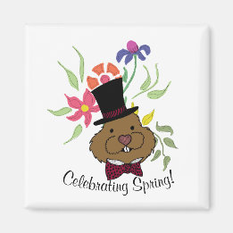 Top Hat Bow Stropdas Spring Flowers Groundhog Magneet