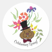 Top Hat Bow Stropdas Spring Flowers Groundhog Ronde Sticker (Voorkant)