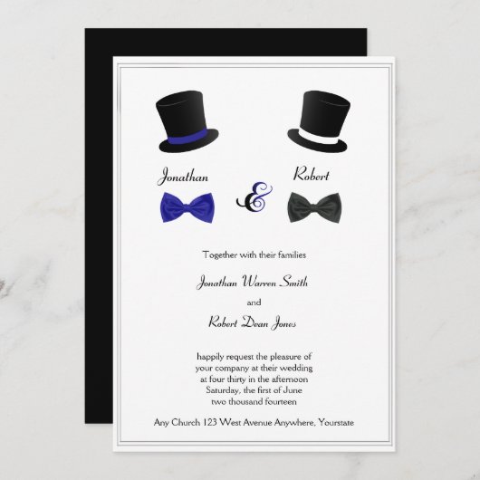 Top Hats and Bow Cravates Blue Gay Faire-part de m (Devant / Derrière)