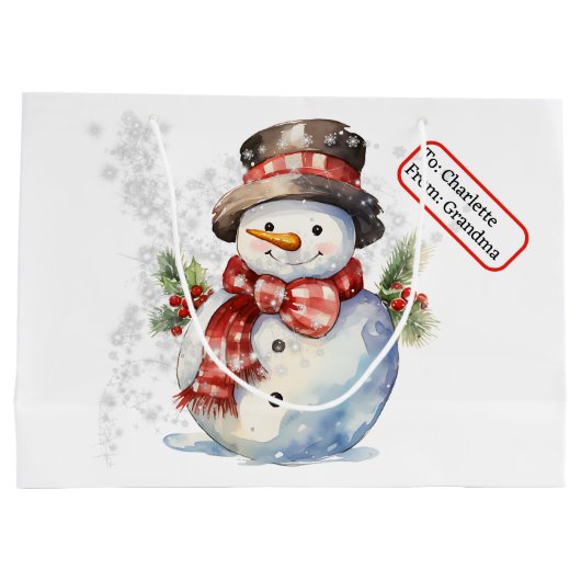 Top Hoed Snowman Aangepaste Naam Label Kerstsneeuw Groot Cadeauzakje (Achterkant)