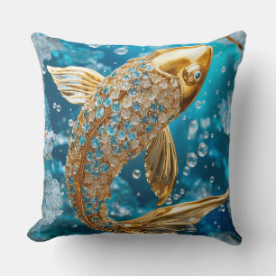 Topaze bleue Carpe Koï dorée Or Coussin de jet