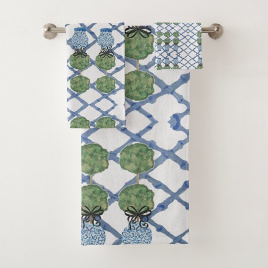 Topiary Blue White Ginger Jar Jars Bath set Bad Handdoek (Insitu)