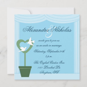 Topiary met White Doves Blue Wedding Invitation Kaart
