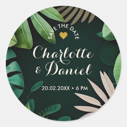 Topical Leaves Pattern | Datum opslaan | Weddensch Ronde Sticker (Voorkant)