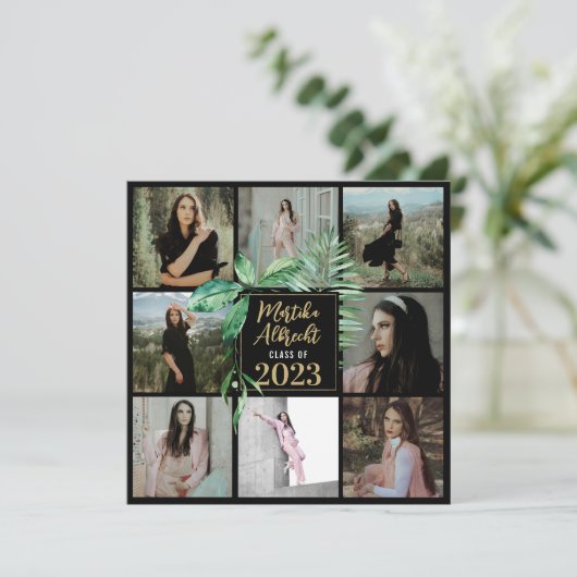 Topisch Leaf | Groen en zwart | Foto-Afstuderen Kaart (Staand voorkant)