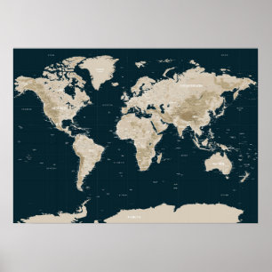 Topografische kaart van de wereld in Tan Poster