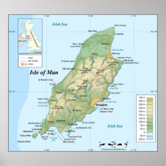 Topografische kaart van het eiland Man Poster
