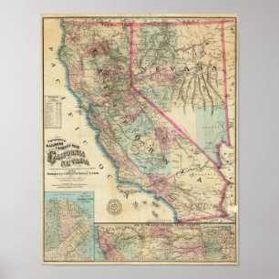 Topographic Railroad and County Map, Californië Poster