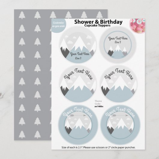 Toppers Cupcake Montagnes, Invitation Baby shower (Devant / Derrière)