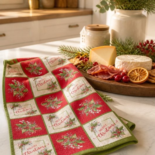 Torchon de cuisine à branche de houx de Noël