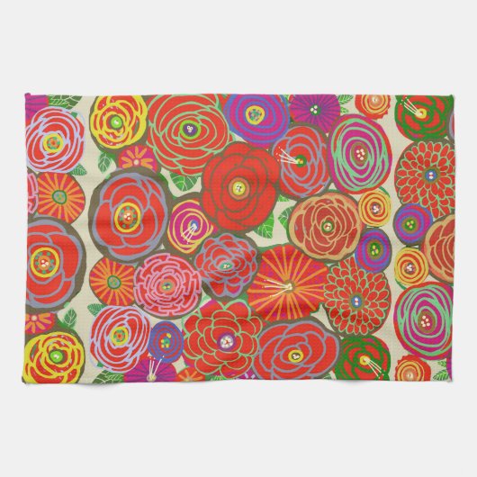 Torchon de cuisine avec fleurs rouges (Horizontal)