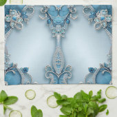 Torchon de cuisine floral orné bleu (Plié)
