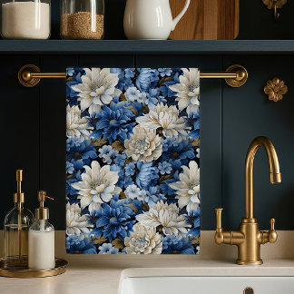 Torchon de cuisine luxueux floral bleu ivoire blan