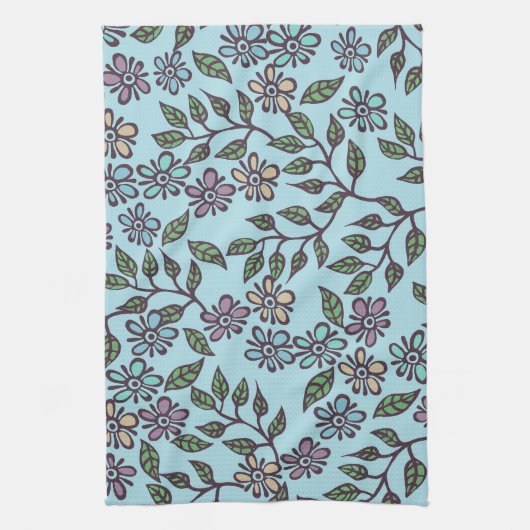 Torchon de thé bleu clair floral avec pastel multi (Vertical)