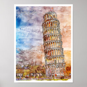 Toren van Pisa Italië vintage reis waterverf Poster