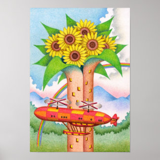 Toren van zonnebloemen in volle bloei. poster