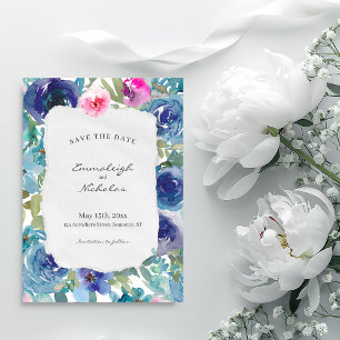 Torn Paper Mermaid Blue Floral Wedding Save The Date