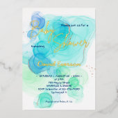 Torquoise & Soft Blue Waterverf - Real gold Folie Uitnodiging (Voorkant)