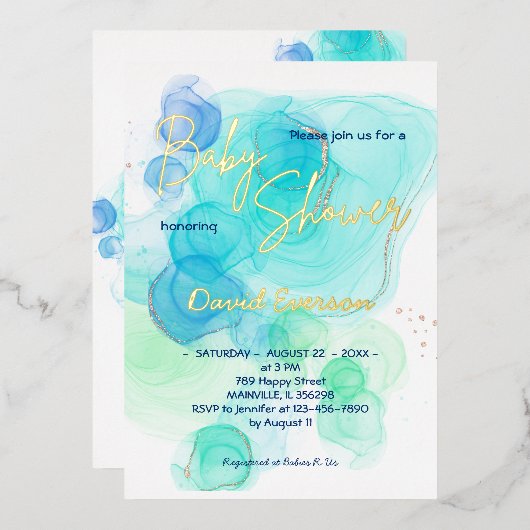 Torquoise & Soft Blue Waterverf - Real gold Folie Uitnodiging (Voorkant / Achterkant)