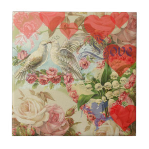 Tortelduifjes  Antiek Hart Tegeltje